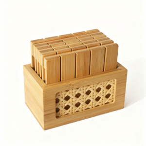 Bamboo Coaster with Holder, 6 Piece 3.5" x 3.5" (9 x 9 cm) Set with Storage Case, for Coffee Table & Bar Decor - Kitchen & Living Room Decor